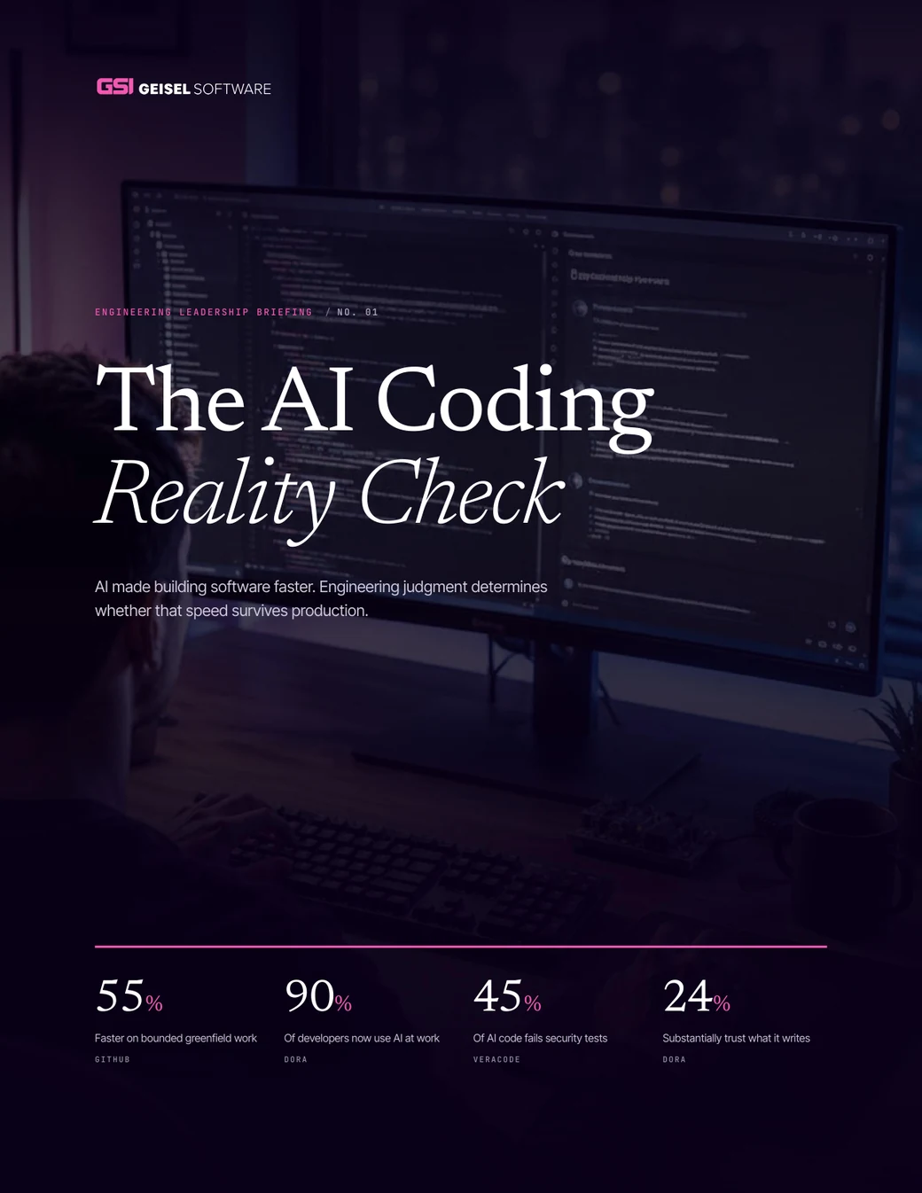 Cover of The AI Coding Reality Check, an engineering leadership briefing from Geisel Software.